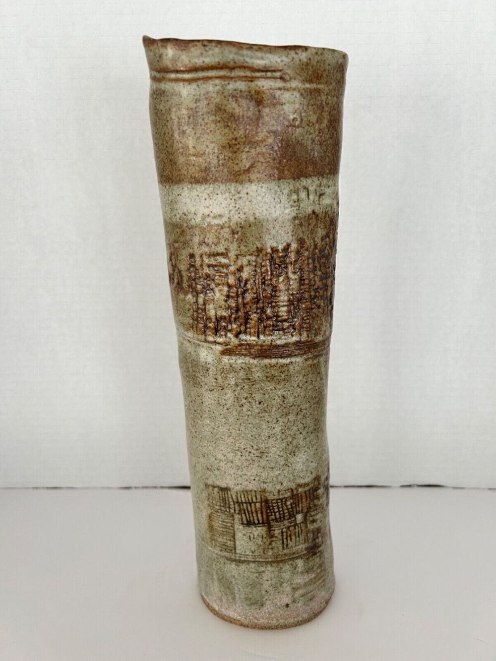 Thomas Reece Signed Art Pottery Stoneware Vase 12 1/2" Tall Earth Tones, Rustic